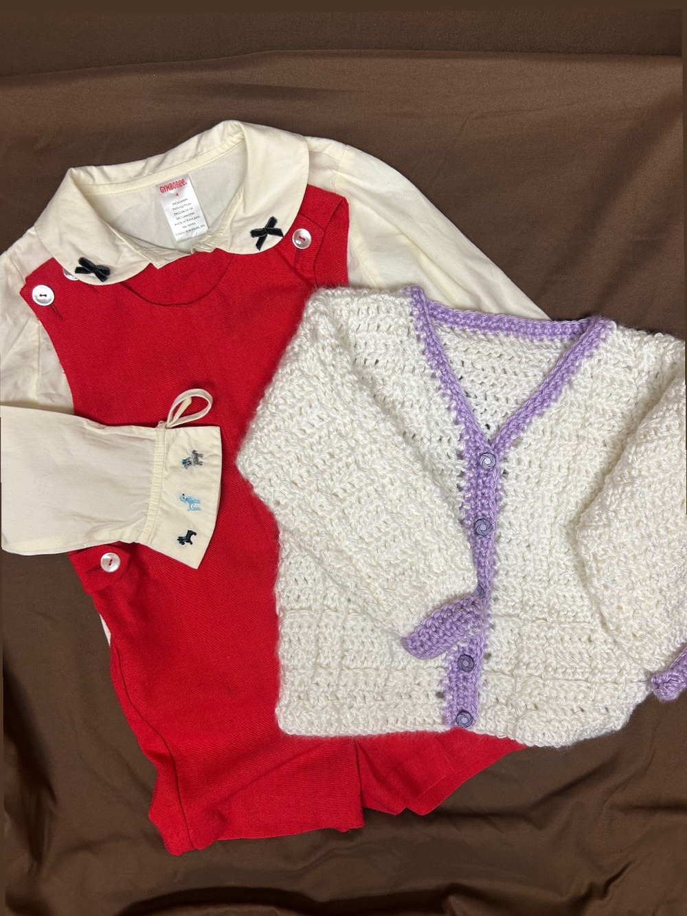 Girls 4T retro aesthetic kid bundle crochet cardigan brick red romper button up